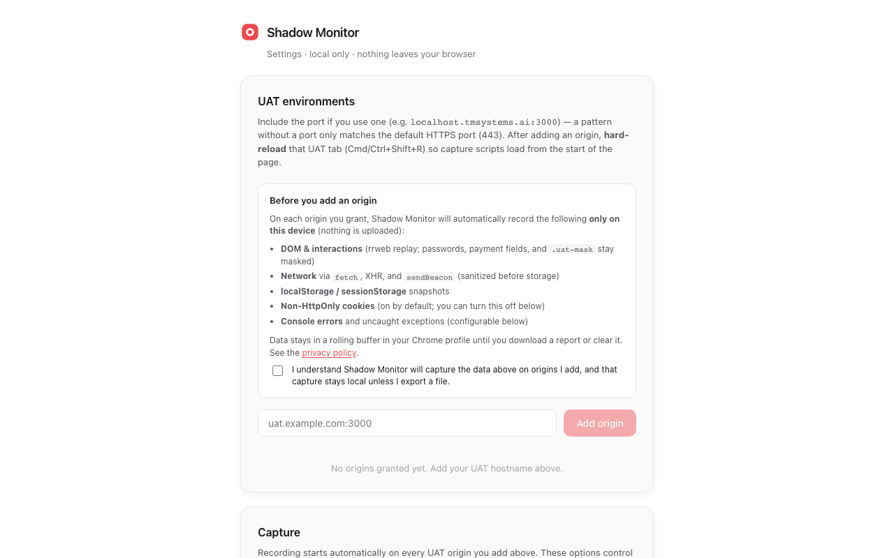 Settings: disclosure checkbox before adding an origin