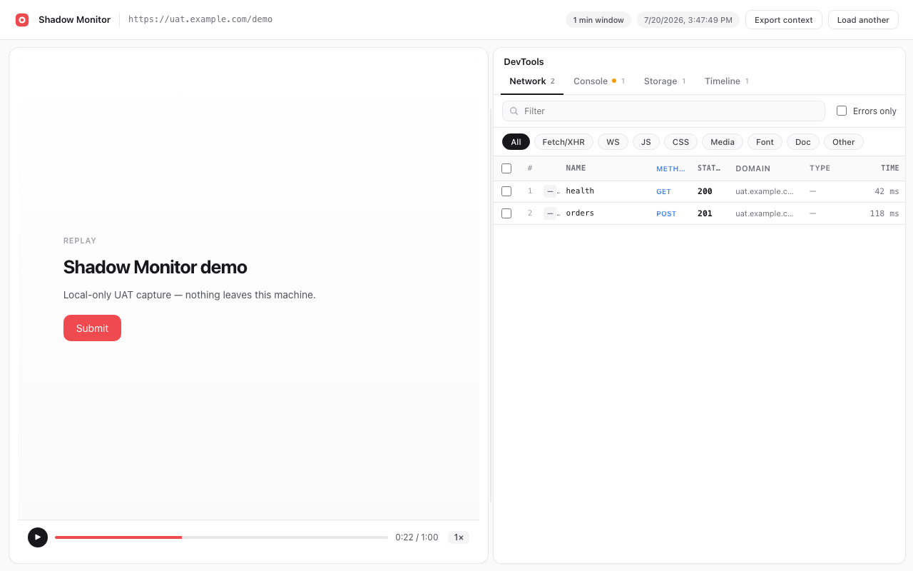 Offline viewer with DOM replay and network panel